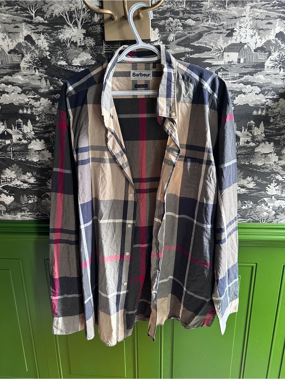 Barbour Plaid Button-Down Shirt in Beige, Navy & Red Accents